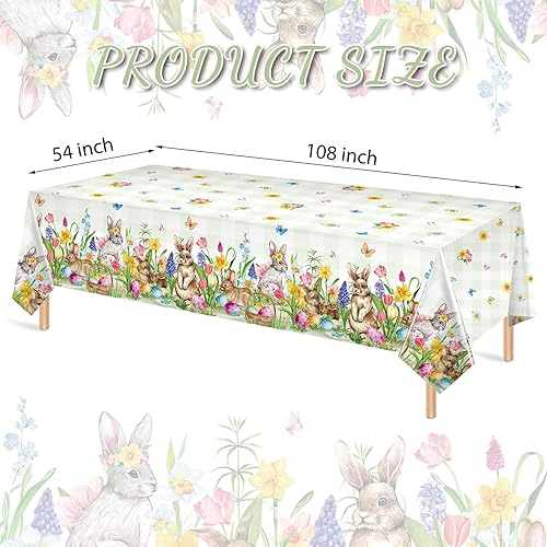Miniatura 2 de Riakrum Mantel de Pascua rectangular de plástico con huevos de conejo, mantel floral para decoración y suministros de fiesta de Pascua, primavera,