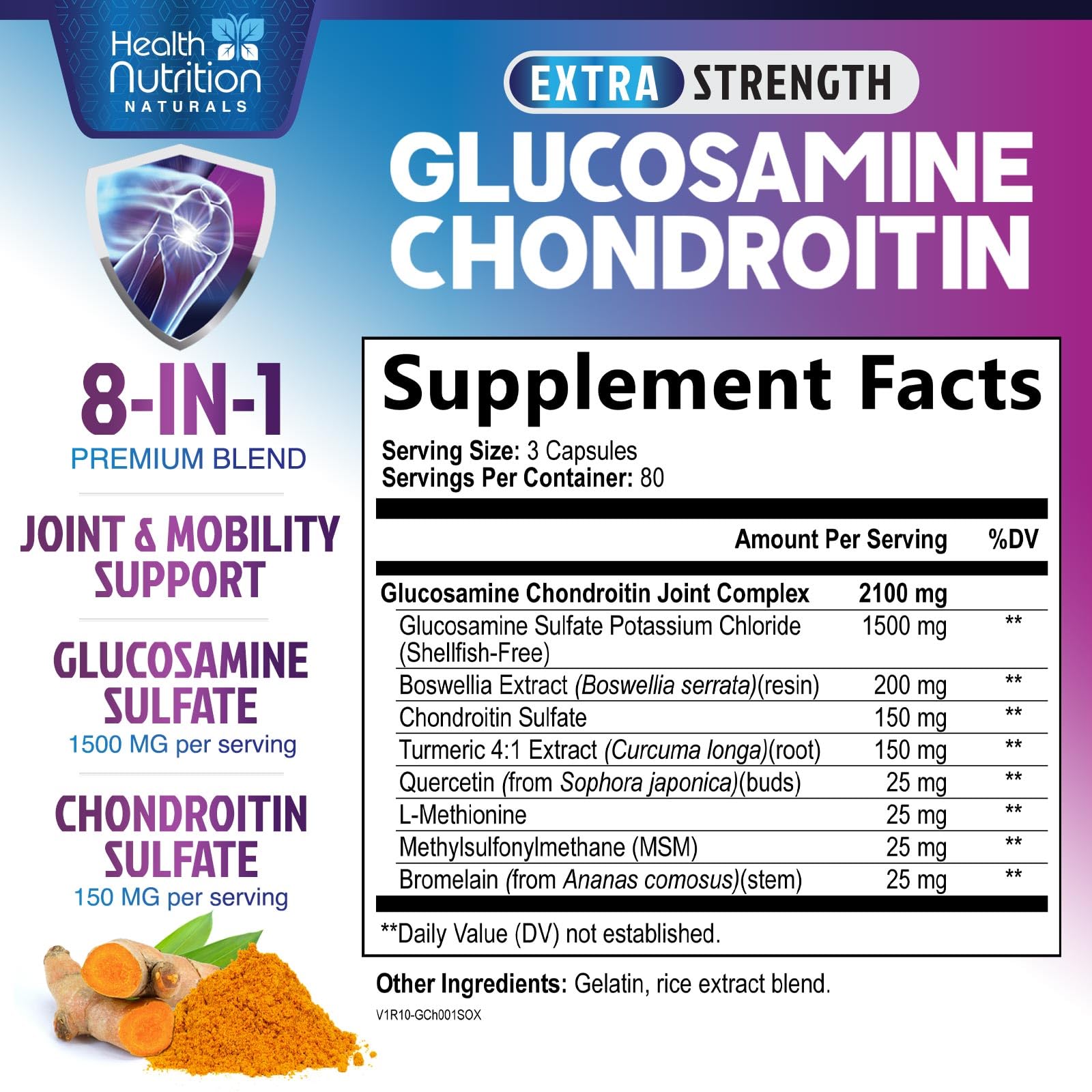 Glucosamine Chondroitin MSM 2100mg - 3X Strength Joint Support Supplement with Turmeric, Glucosamine Sulfate, Boswellia - For Natural Flexibility, Cartilage, Mobility - Bottled in USA - 240 Capsules — Amazon image 2