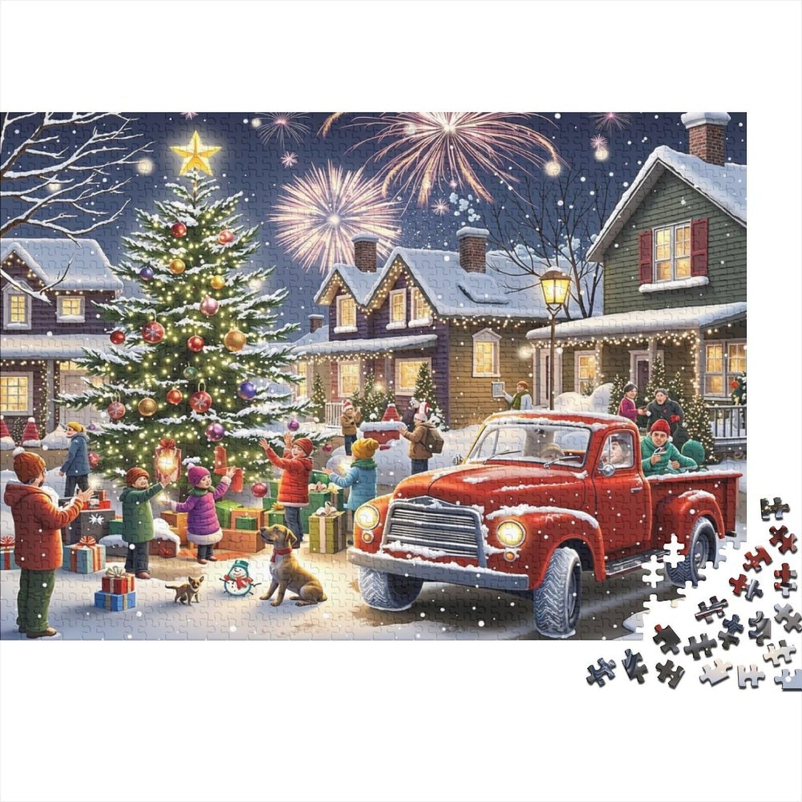 Christmas Family Gathering 1000 Piece Jigsaw Puzzle 1000 Pieces Puzzle Game Paper for Adults Night Fireworks Scene Holiday Relaxation Focus Home Decor Gift 70x50cm/1000pcs