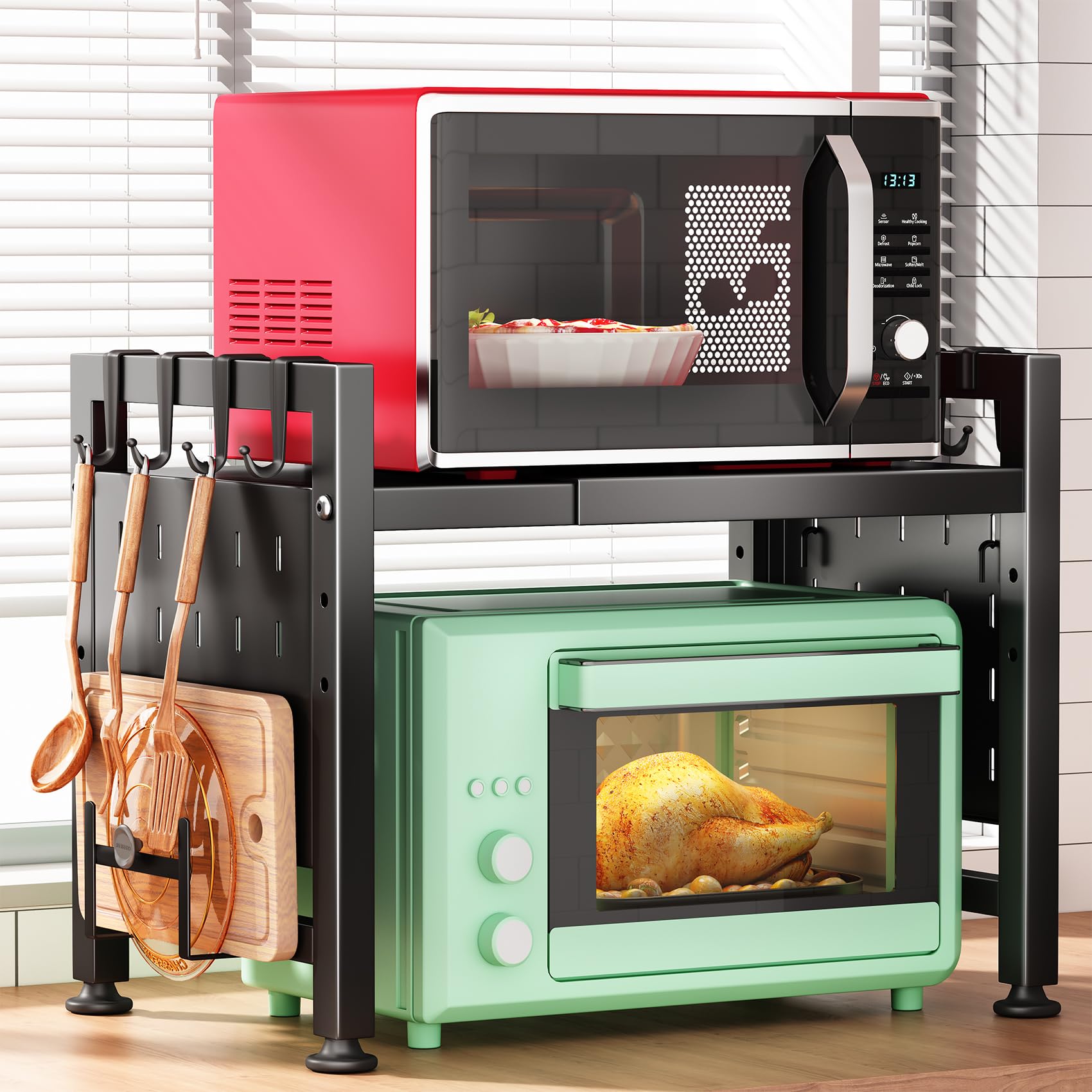 Kitstorack Verstellbares Mikrowellen-Regal, Mikrowellen-Regal, robustes 2-stöckiges Regal mit Schneidebrettern, Ständer für Küchenregale, Theken-Organizer, hält 54,4 kg, 9 Haken