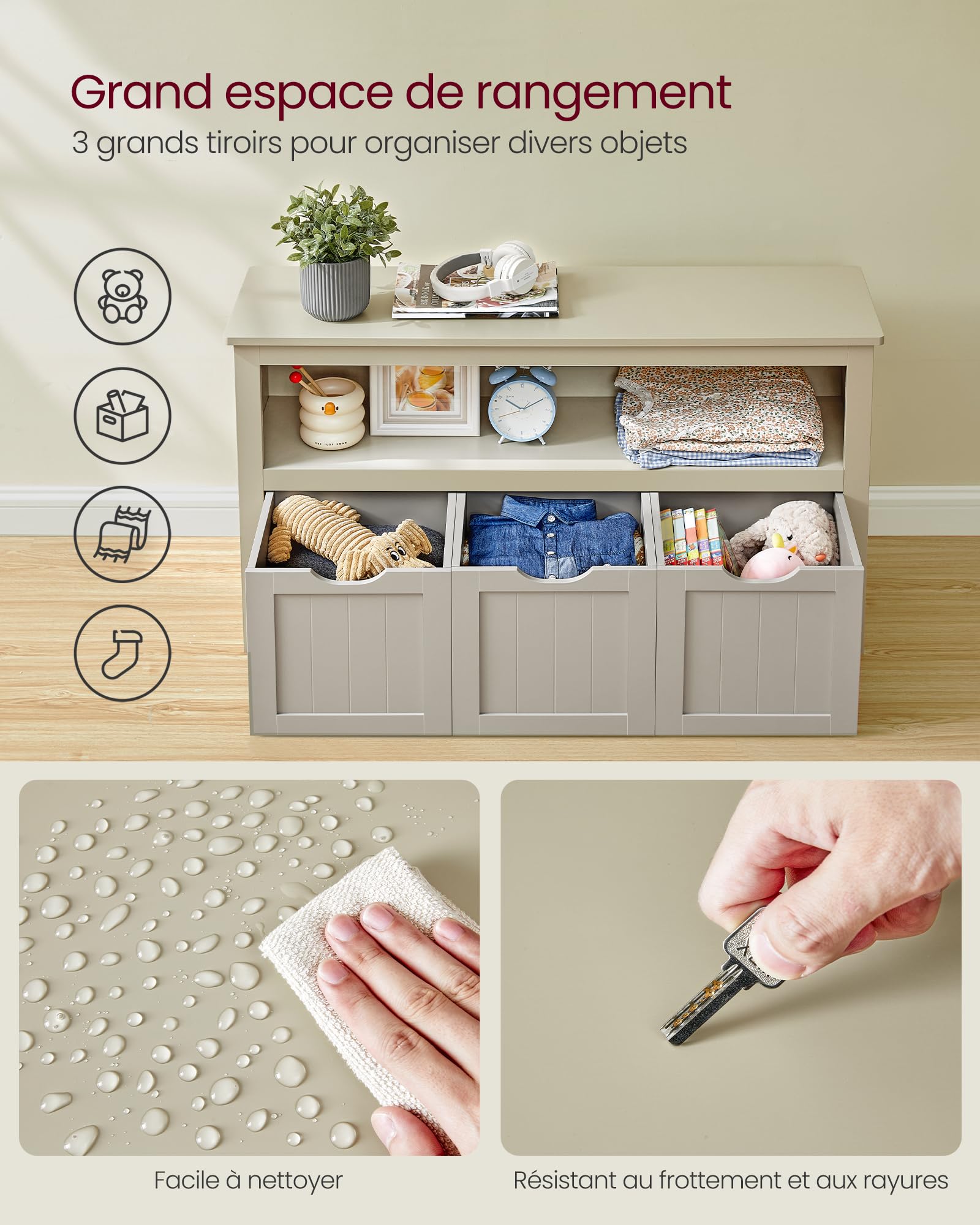 VASAGLE Meuble de Rangement pour Jouets, Étagère pour Enfants, Armoire, Commode, avec 3 Rangements à roulettes, pour Salon, Chambre, Salle de Jeu, 30 x 102 x 60 cm, Beige Sable LHS380K01