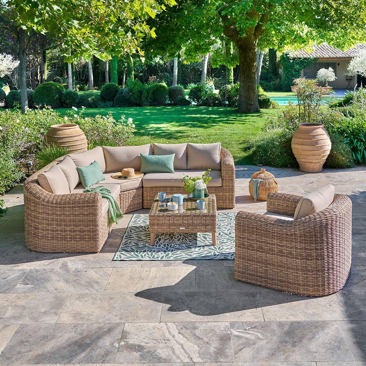 Hespéride - Salon d'angle de Jardin Mooréa Savana - 5 Places - Aluminium Traité Époxy Anti-Rouille Acier Oléfine - Mobilier d'Extérieur pour Terrasse