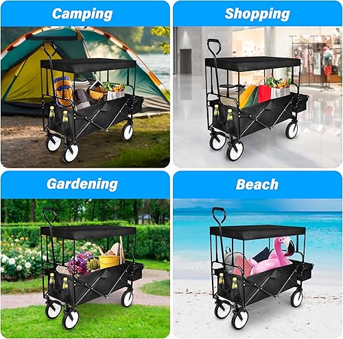 Miniatura 2 de YSSOA - Carro de mano portátil y resistente con toldo extraíble, ruedas de 8 pulgadas, asas ajustables y doble tela para ir de compras, picnic,