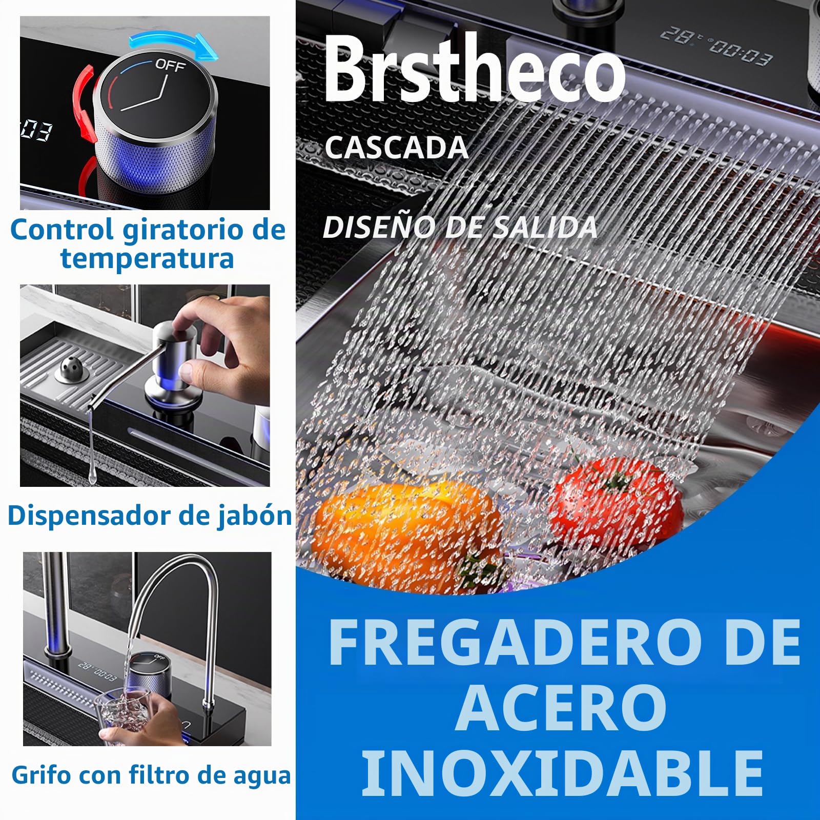 Fregadero Cocina 75 x 45cm,Fregadero Acero Inoxidable Grifo extraíble,fregadero negro Dispensador de jabón,Fregadero Bajo Encimera Pantalla de visualización (Fregadero de cocina 1)