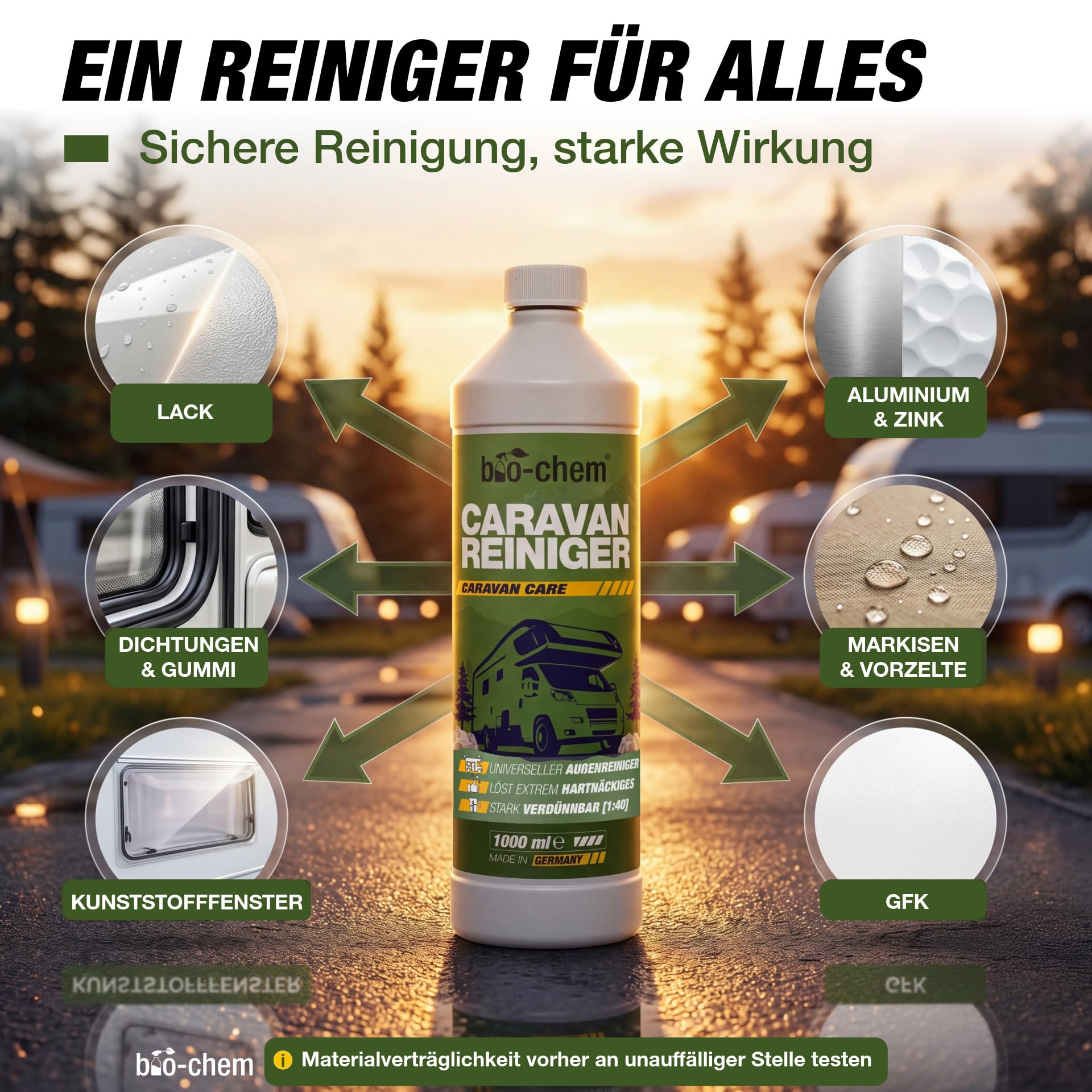 Bio-Chem środek do czyszczenia przyczep kempingowych i kamperów, bardzo mocny koncentrat, 2 x 1000 ml, środek czyszczący do przyczep kempingowych, przystawek namiotowych, środek do usuwania smug deszczu – Made in DE