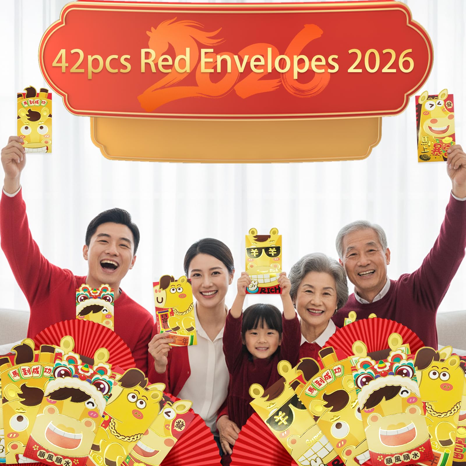 Traditionelle rote Umschläge, chinesisches Neujahr 2026, chinesische rote Umschläge, sanftes Segeln und sofortiger Erfolg, ältere Menschen, Neujahr, Geld, Geburtstag, Party, Urlaub, Hochzeit