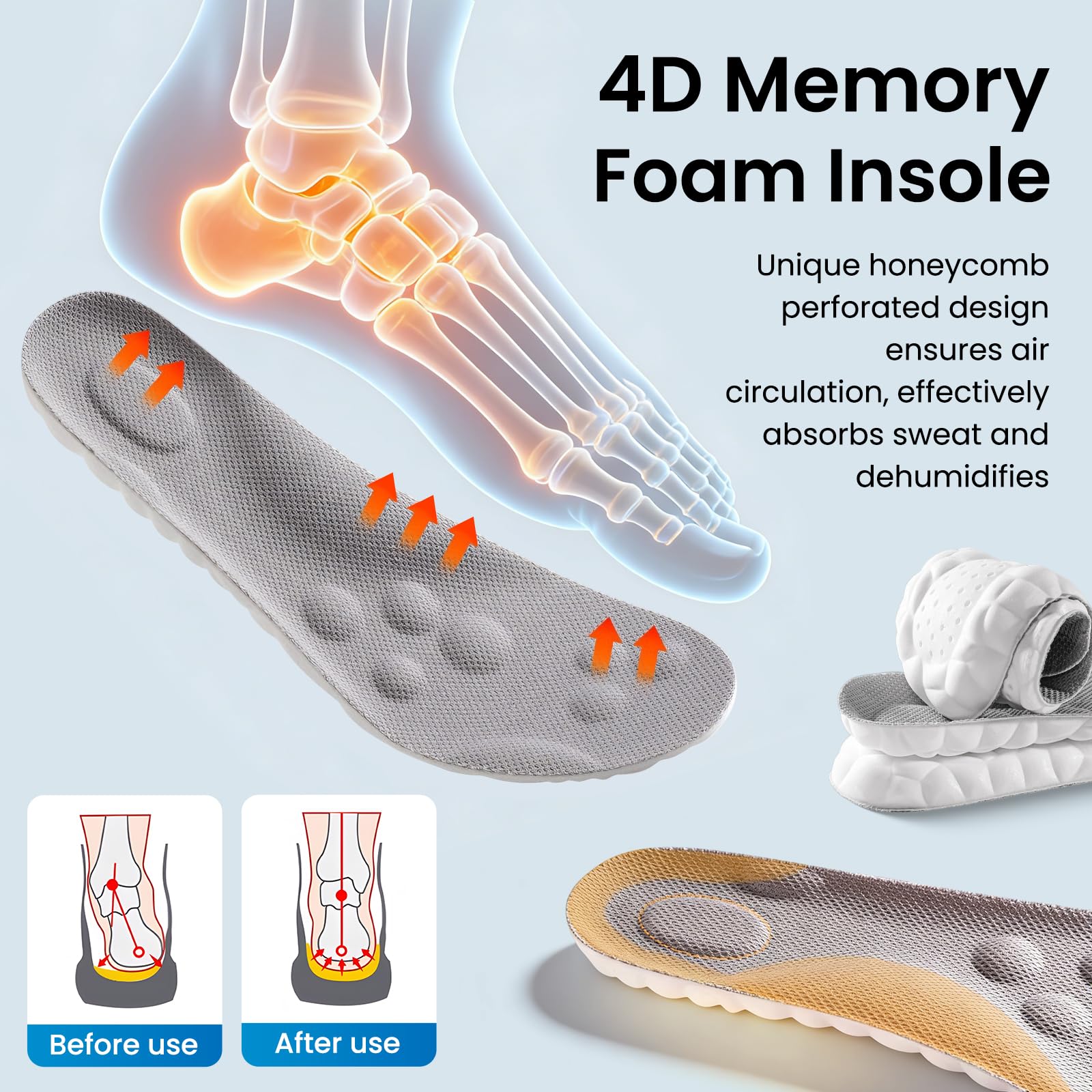 Plantillas Memory Foam Soporte Arco Absorción Impacto Transpirables Deporte Trabajo Uso Diario 43-44