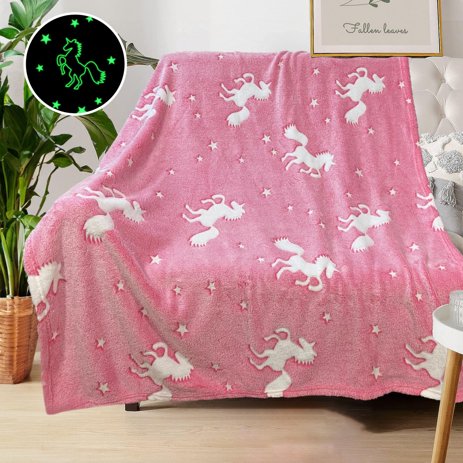COMFAR Unicorn Blanket for Girls, Glow in the Dark Blanket for Kids, Personalized Unicorn Gifts for Baby/Toddler/Age 1-12, Soft Polyester Fleece Throw Blanket 50x60 Inches, Pink