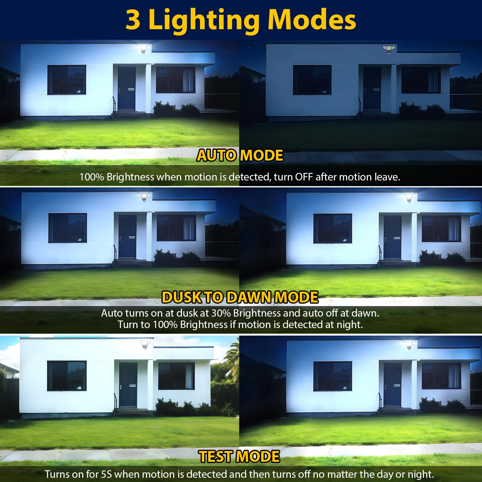 Lampes de sécurité à LED 90 W 10 000 lm avec détecteur de mouvement 4 têtes du crépuscule à l'aube, projecteurs de lumière du jour 6500 K, détecteur de mouvement pour