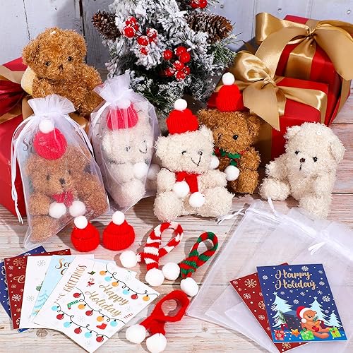 Miniatura 3 de Poen Juego de 24 piezas de regalo de Navidad de 4 pulgadas, mini oso de peluche de Navidad con sombrero de Papá Noel, bufanda, tarjetas de Navidad,