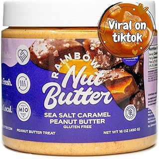 Rainbow Nut Butter, Sea Salt Caramel Peanut Butter, Spread, Treat, Snack, Dessert, Caramel Syrup & Bits, White Chocolate Chips, Milk Chocolate Chips, High Protein Flavored Nut Butter, (16 oz Jar).
