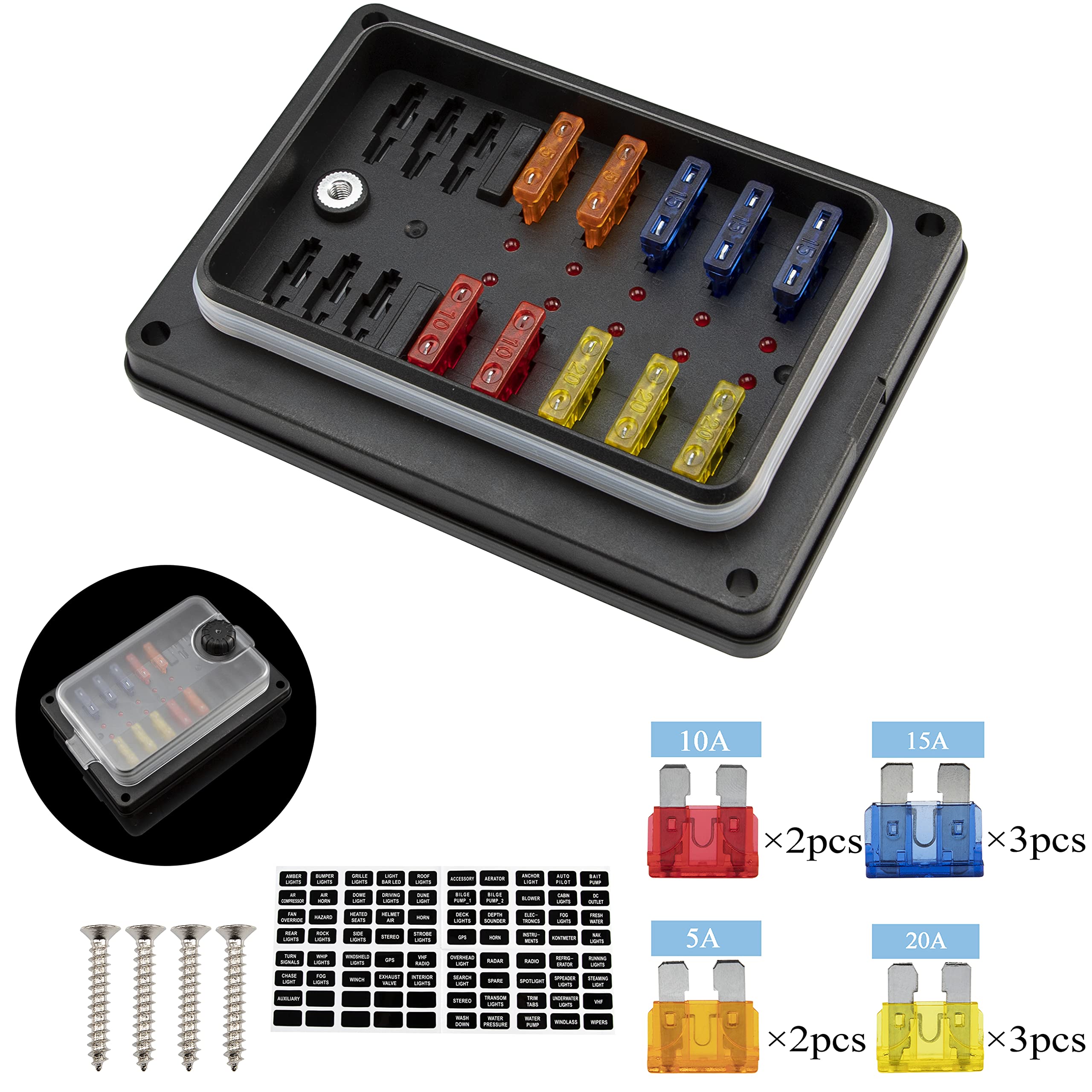 Boîte à Fusibles 10 Voies étanche, 12V Porte Fusible avec Bus Négatif avec 12 Voyants Couvercle de Protection, Voiture Blocs Fusible Lame pour Voiture, Bateau, Fourgonnette, SUV