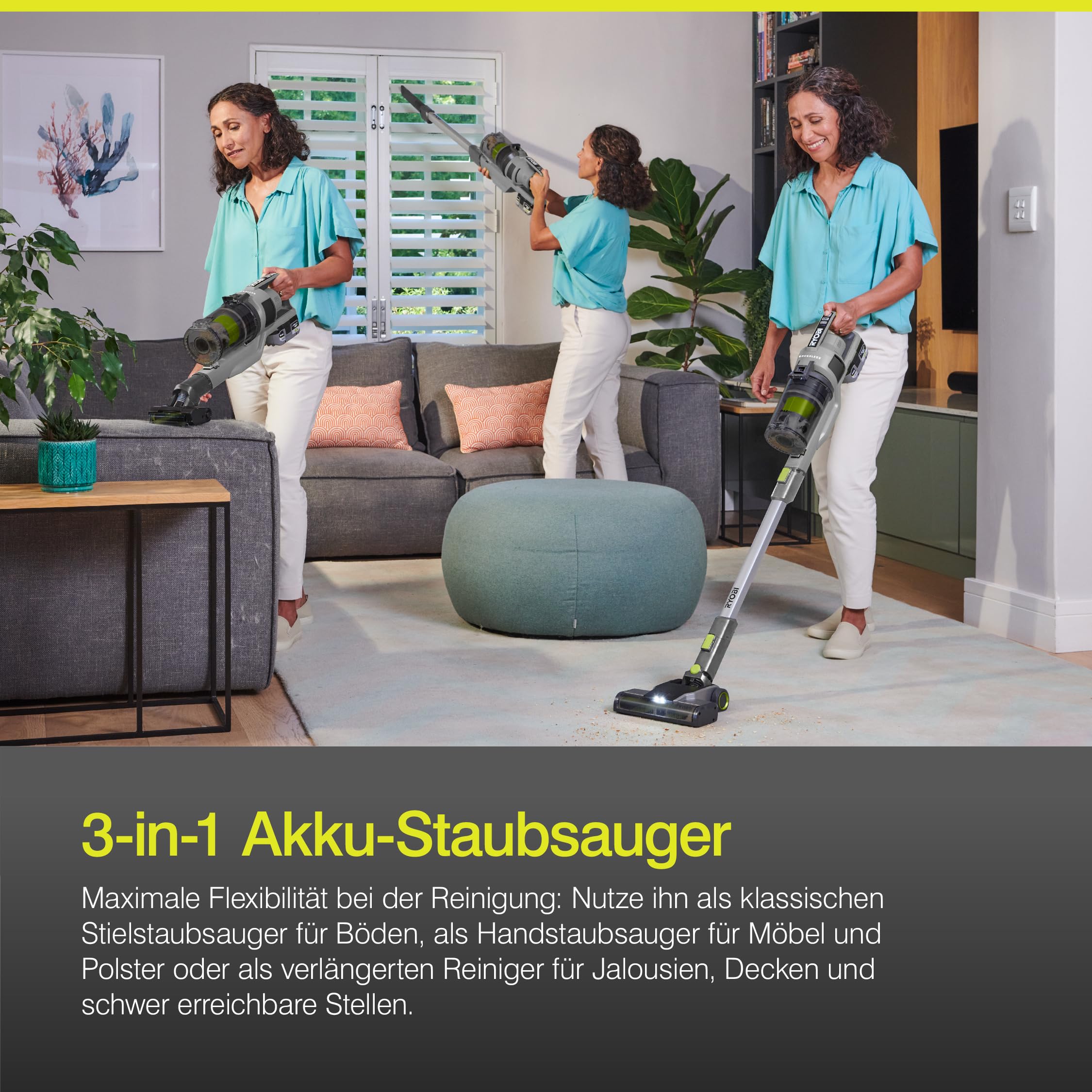 RYOBI 18 V ONE+ Brushless Akku-Staubsauger RSVS18BL-0, 90 AW Saugleistung, Dual-Zyklon-Filtration, HEPA-Filter, LED-Kopfbeleuchtung, ohne Akku und Ladegerät, Anthrazit