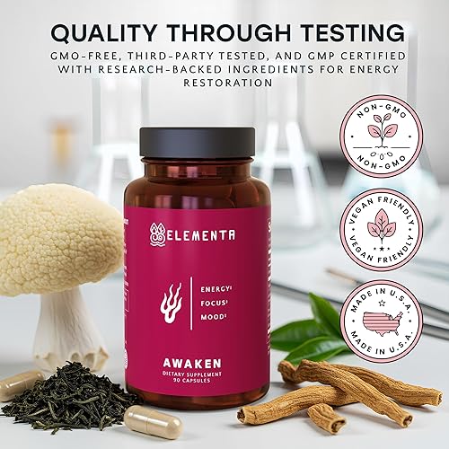 Miniatura 9 de ELEMENTA Awaken - Suplementos cerebrales para la memoria, la concentración y la energía  Melena de león, Panax Ginseng, té verde cafeína y taurina