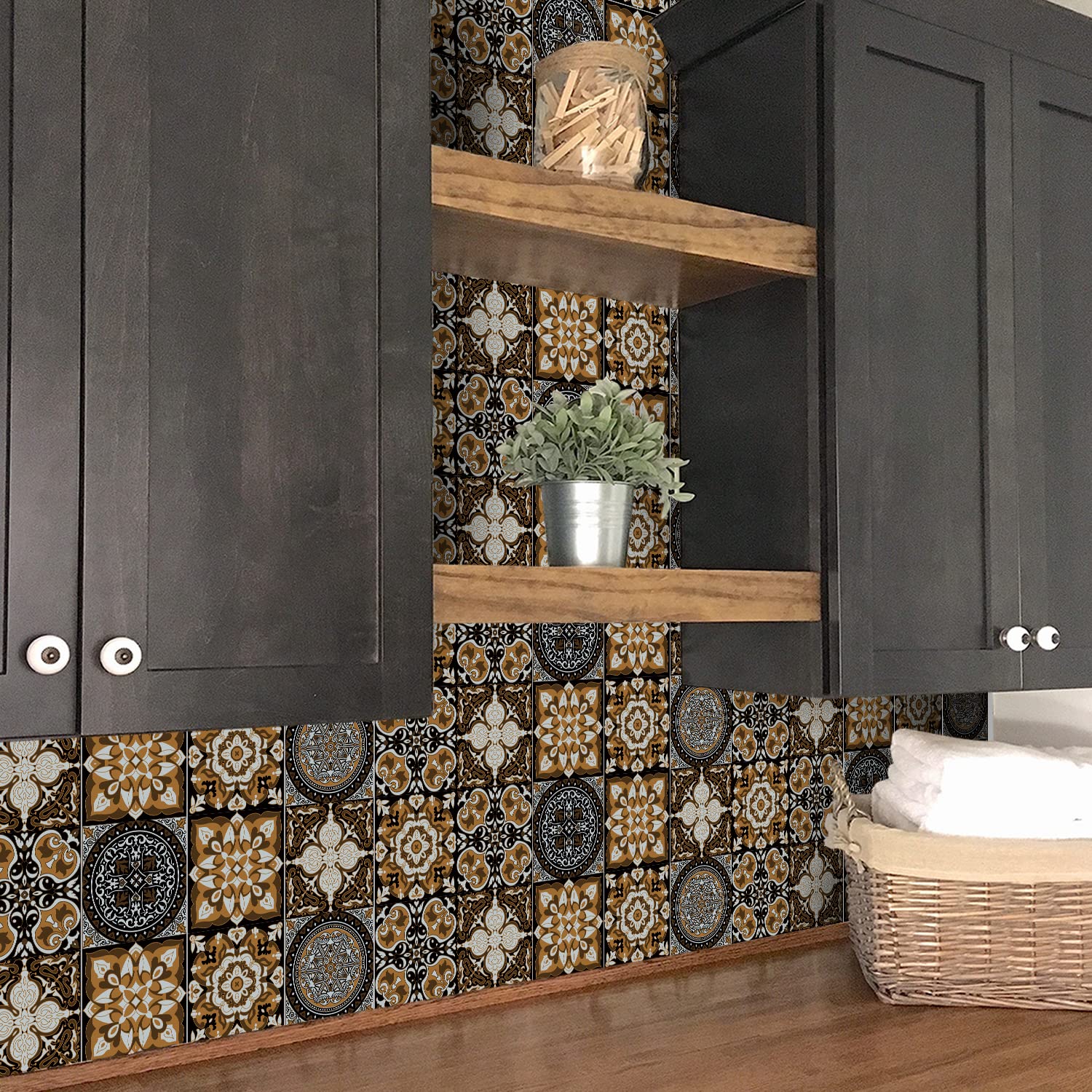 24PCS Tile Stickers Mandala Style Wall Decal Sticker Adhesive Tile Art DIY Kitchen Bathroom Backsplash Floor Home Decor PVC Waterproof Oil Proof - Image 3