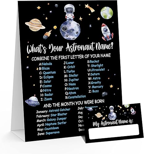 What Your Astronaut Name - Juegos para fiesta de cumpleaños 1 letrero de juego con nombre de astronauta y 30 calcomanías de actividad cumpleaños de