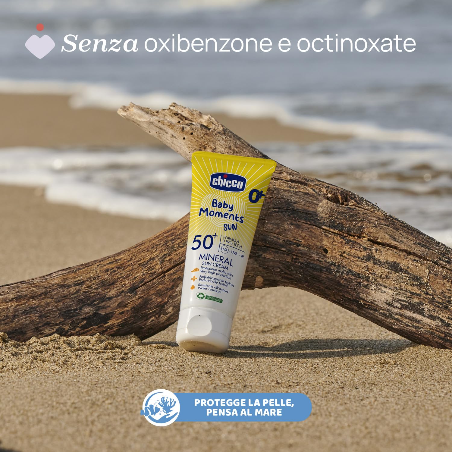 Chicco Crema Solare Minerale SPF 50 +, per Bambini, Resistente all'Acqua, Ottima Protezione Contro UVA, UVB e Infrarossi, 0 Mesi +, 75 ml