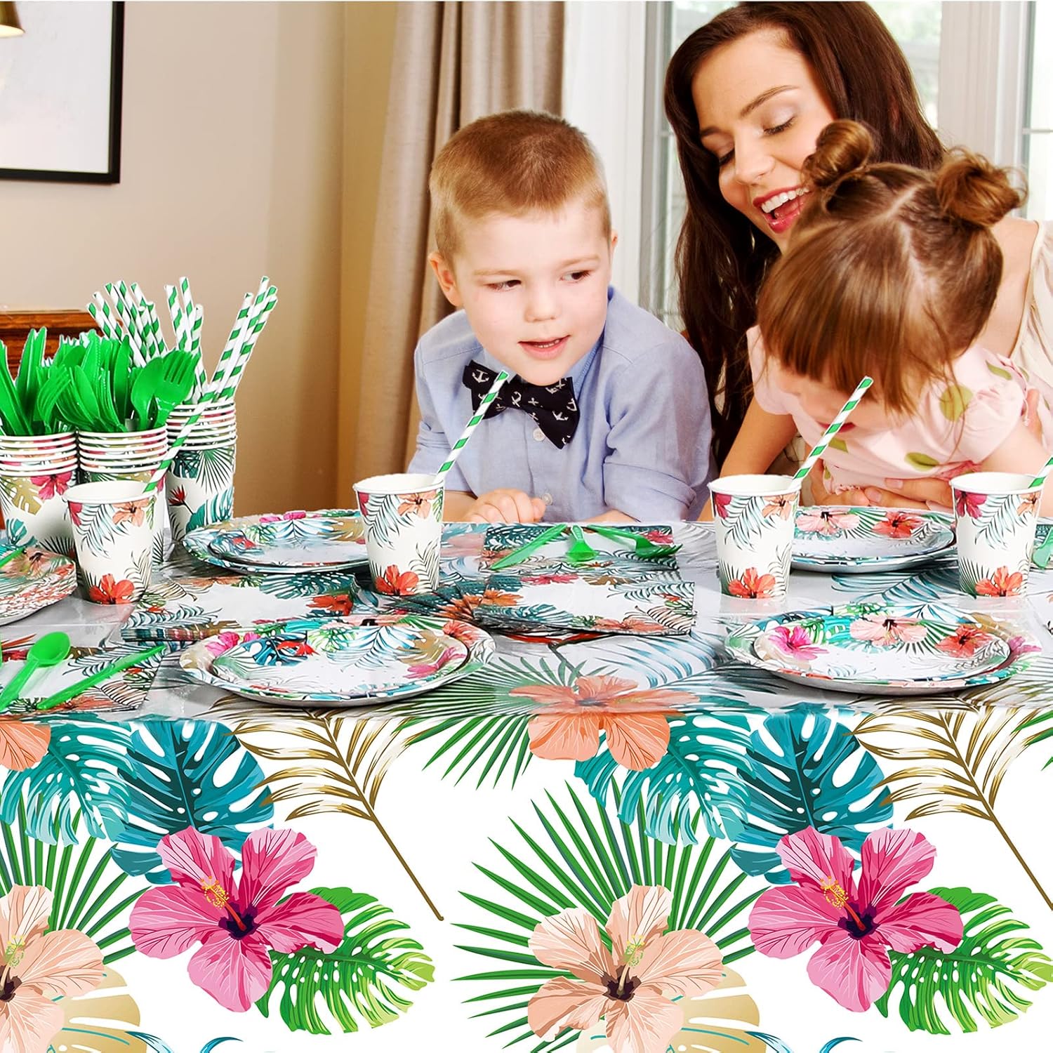 Mumufy 194 Pcs Hawaiian Luau Party Decorations Supplies Set Tropical Birthday Party Summer Beach Luau Party Dinnerware Includes Plates Napkins Cups Straws Cutlery and Tablecloth for 24 Guests Adults