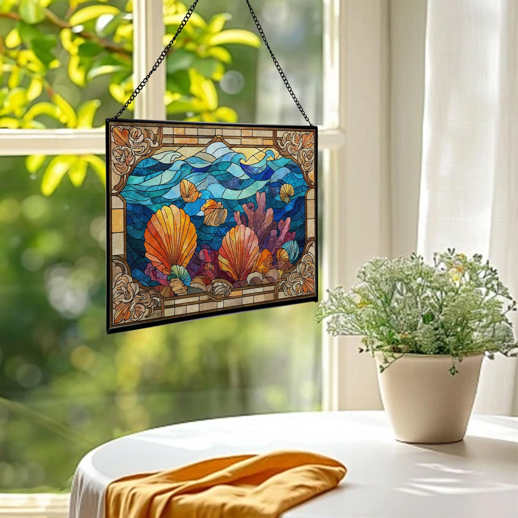 Seashells and Coral Beneath Breaking Wave Rectangular Stained Glass Suncatcher – Hanging Window Panel with Animal & Nature Scene – Vibrant Glass Art Gift for Wildlife, Fantasy, Nature Lovers azpQXP