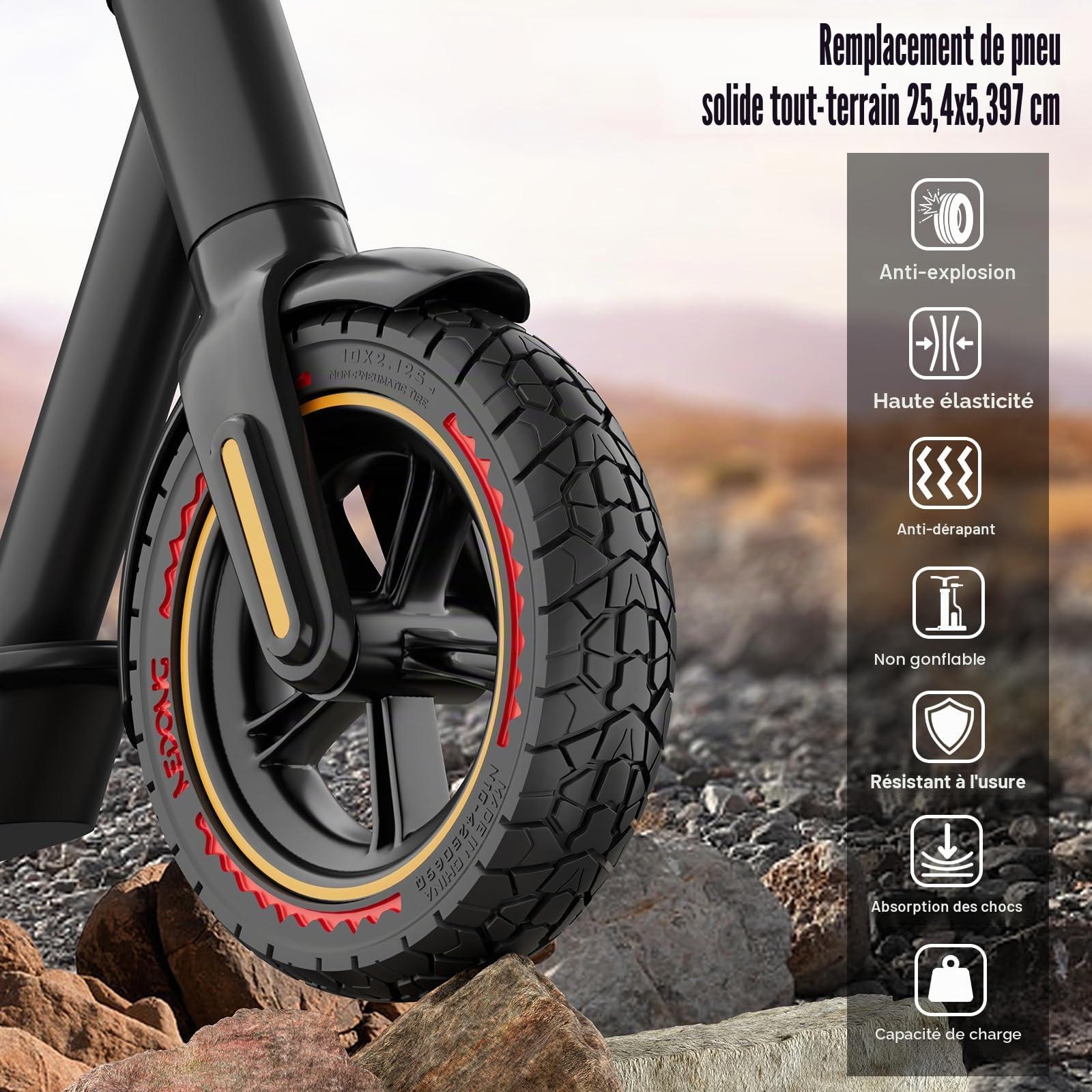 OUXI 10X2.125 Off Road pneu pour Scooter électrique Ninebot F20/F30/F40/F65, pneus en caoutchouc solides de 10 pouces pour pneu de Scooter électrique solide avant et arrière Tubeless(Rouge 2pcs)