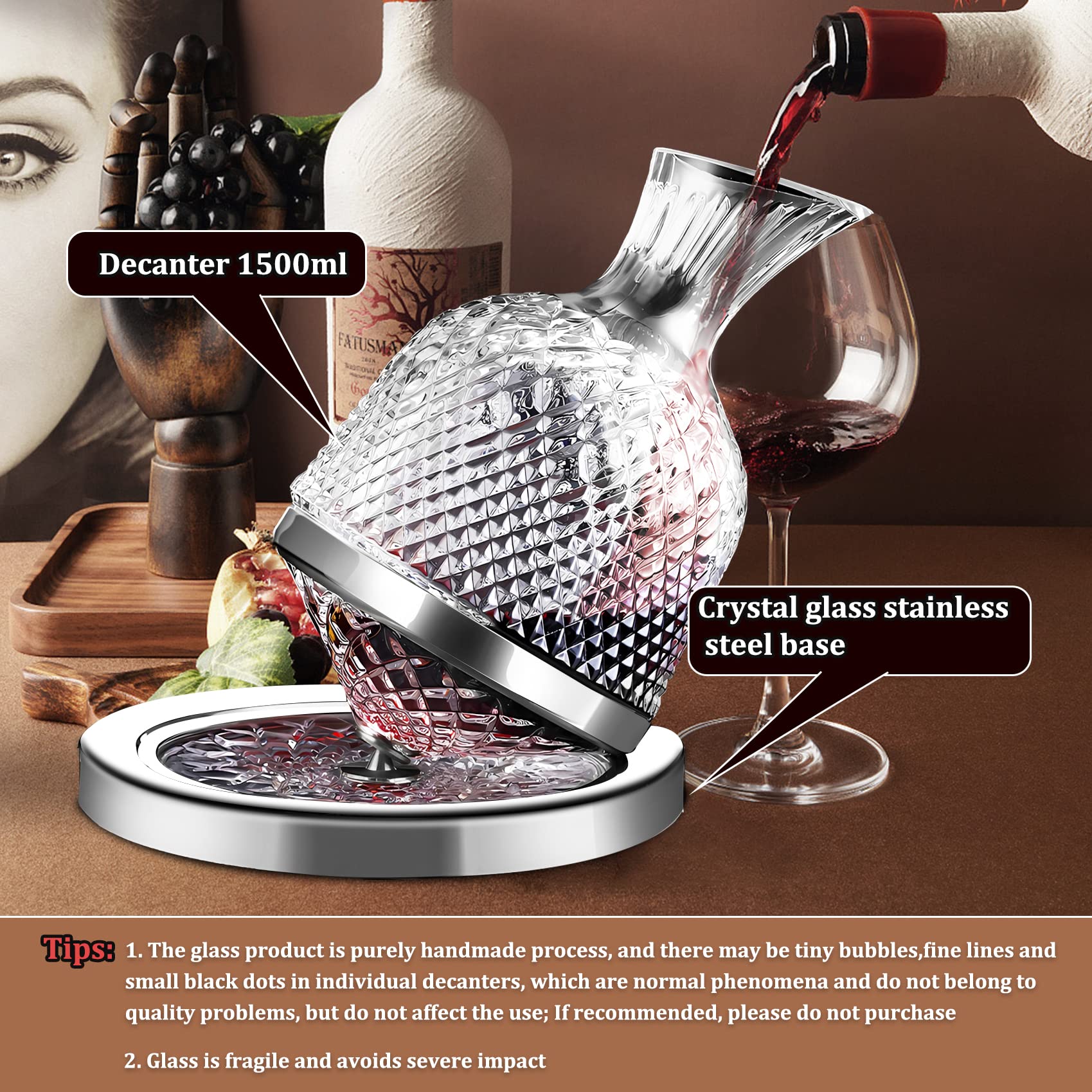 Carafe a Decanter Vin 1500 ml, Rotative à 360° Carafes à Vin en Whisky
