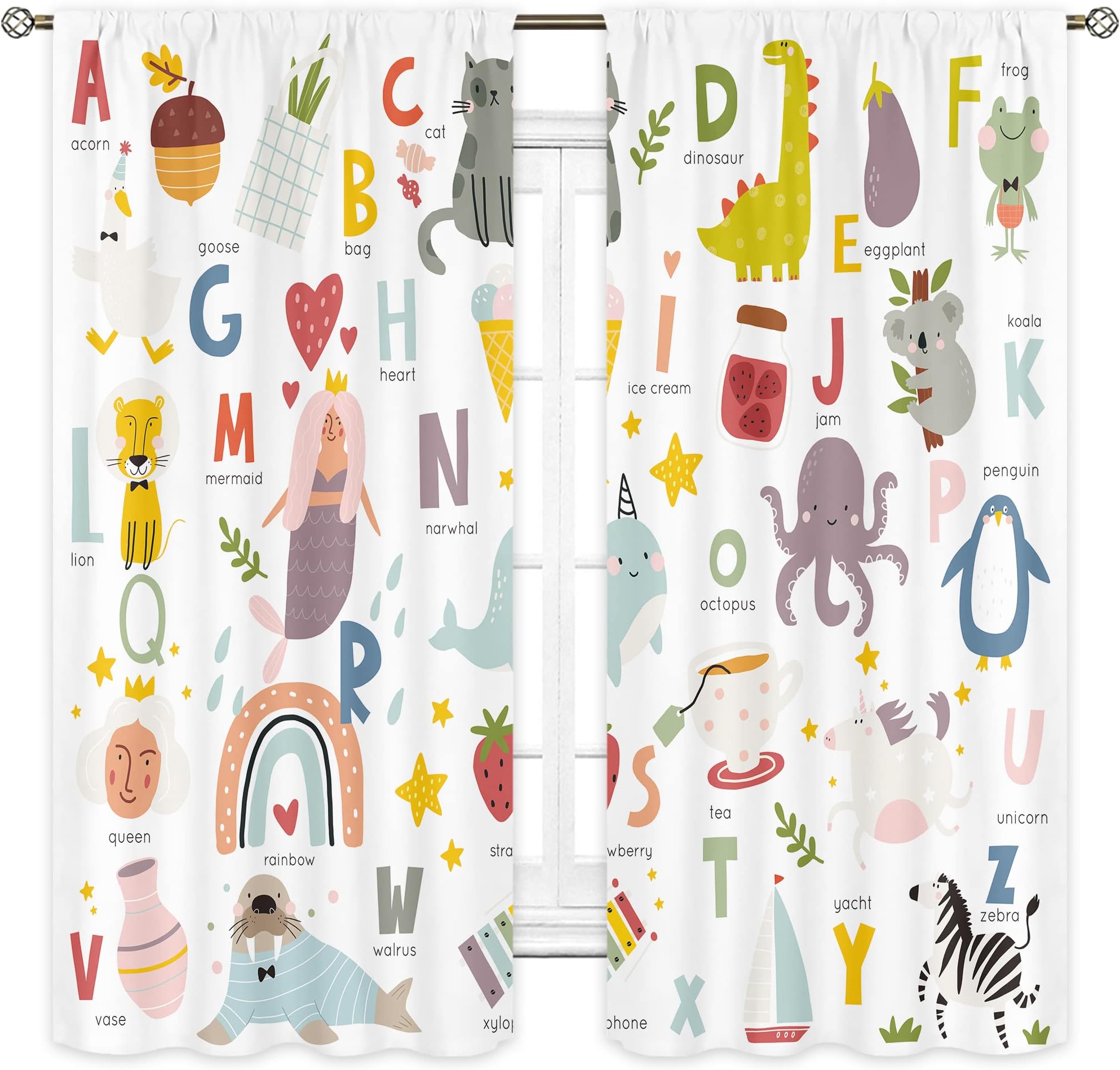 Cinbloo Kids Alphabet ABC Curtain for Nursery Bedroom 42Wx63H Inch Rod Pocket Cartoon Animal Alphabet Funny Learning Educational Tools Wall Decor Boy Girl Toddler Playroom Window Drapes Fabric 2 Panel