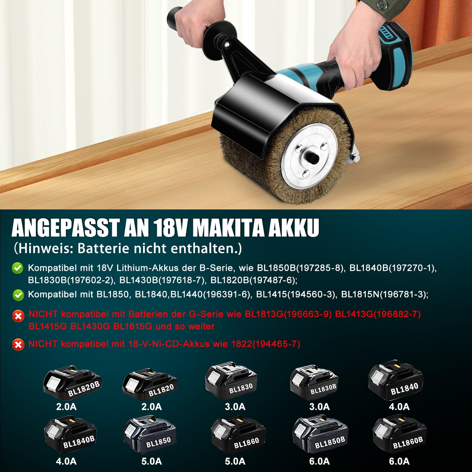 Ponceuse à brosse sans fil Compatible avec Makita 18V, Satinage Brosse à Poncer, Appareil de Brossage pour la Rénovation de Surfaces de Toutes Sortes, Réglage de la 6 Vitesse (Sans Batterie)