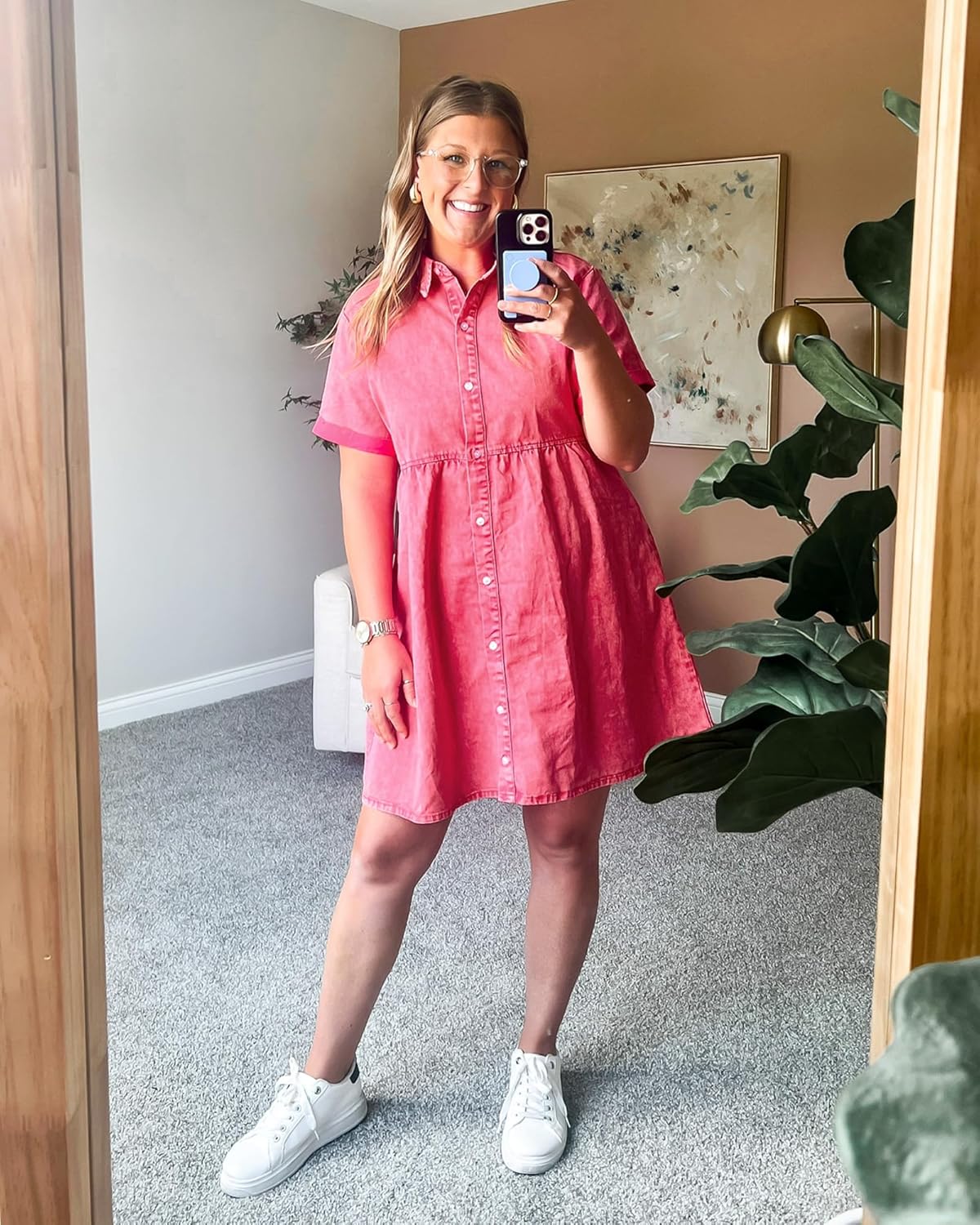 GRAPENT Denim Dress for Women Babydoll Tiered Short Sleeve Button Down Jean Shirt Dresses - Image 8