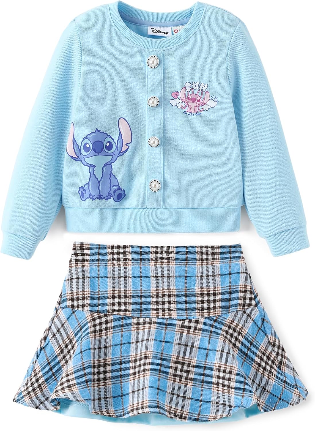 Disney Frozen Elsa Stitch Princess Moana Minnie Toddler Girl 2 Piece Outfit Kid Pearl Button Knit Top & Tweed Skirt Set 2-13Y