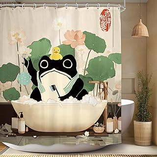 LGhtyro Funny Frog Shower Curtain Bathroom Set 60Wx71H Inches Rustic Asian Style Japanese Traditional Animal Lotus Leaf Floral Botanical Plant Bath Accessories Cute Art Home Decor Fabric 12 Pack Hooks
