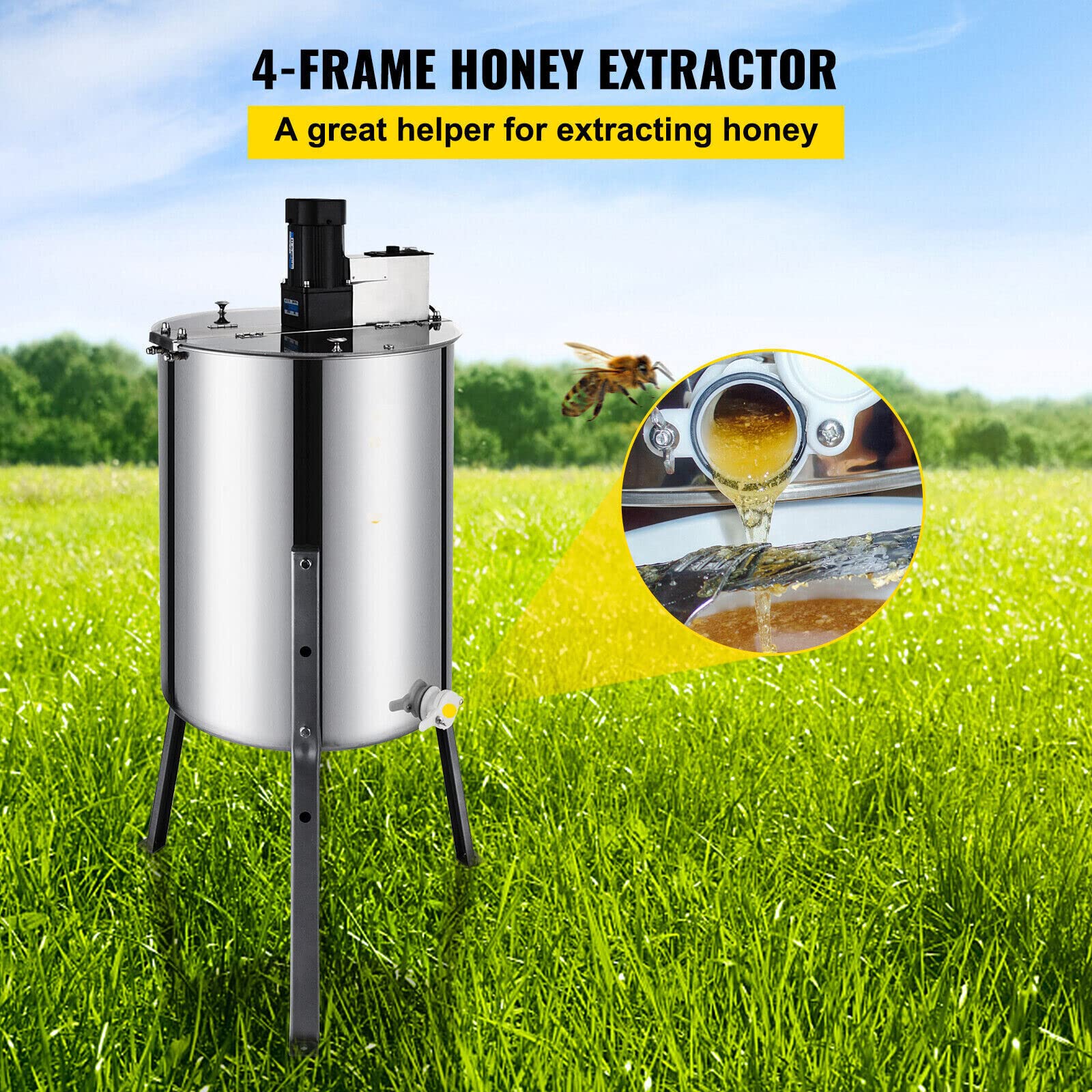 Extractor de miel eléctrico de acero inoxidable, 4 marcos, extractor de miel, extractor de nido de abeja eléctrico Apicultura AC 220V 140W