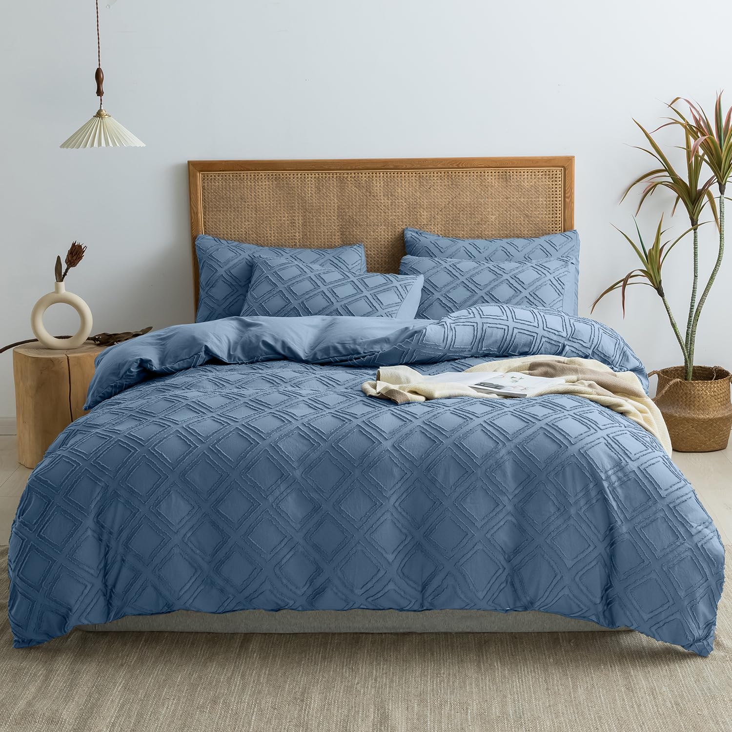 JELLYMONI Blue Duvet Cover Queen Size - 3 PCS Microfiber Tufted Duvet Cover Set, Boho Textured Duvet Cover Jacquard Rhombus Geometric Pattern Duvet Cover with Corner Ties & Zipper Closure