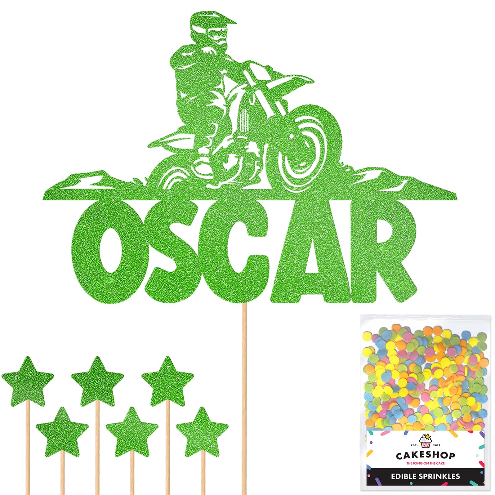 Personalised Dirt Bike Motorbike Racing Glitter Cake Topper - Green Custom Name Glitter Cake Decoration and Sprinkles - Happy Birthday Decorations - Personalised Toppers for Cakes by Cakeshop โ image 1