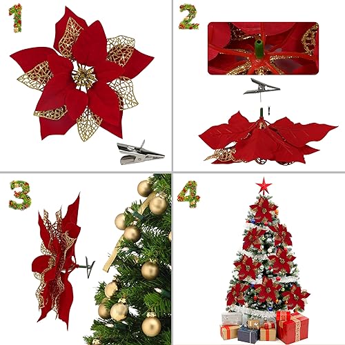 Miniatura 5 de Flores de Pascua artificiales con purpurina y clips de bricolaje para decoración, adornos y coronas de Navidad para decorar árboles de Navidad y