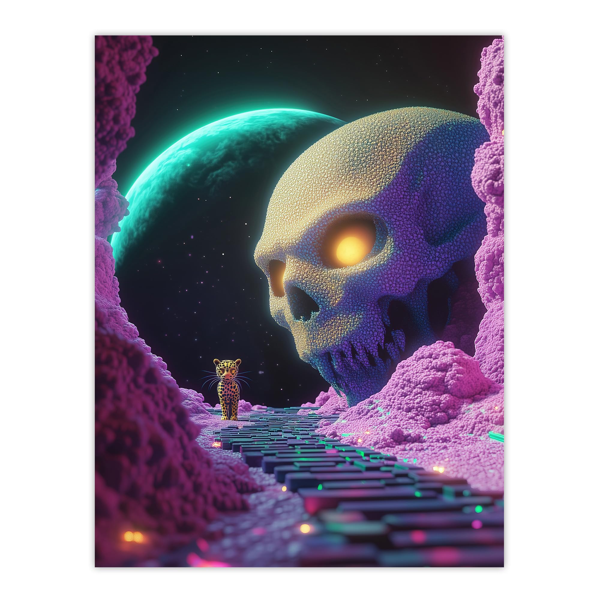 Artery8 Sci Fi Neon Fantasy Landscape Skull Leopard Moon Living Room Large Wall Art Poster Print Thick Paper 18X24 Inch