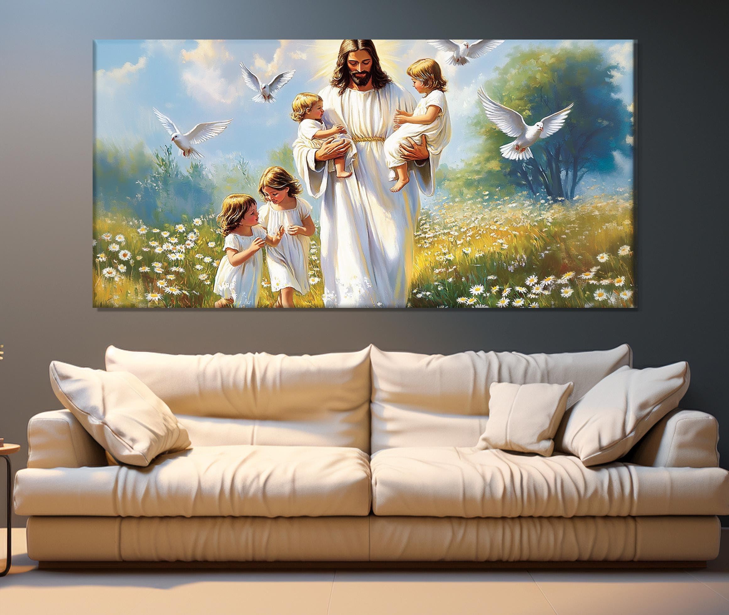 lianyibo Impresión en lienzo de Jesucristo con niños, lienzo de la Sagrada Biblia, arte de pared, Jesús con niños, arte religioso para decoración del hogar (70 x 140 cm/sin marco)