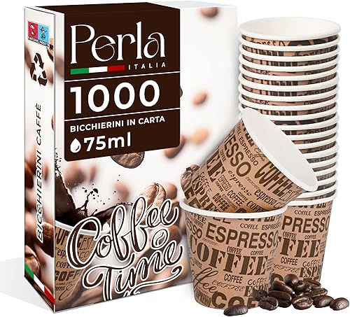 Perla Italia, 1000 Pz Bicchierini Caffe di Carta Biodegradabili Biocompostabili Tazzine 75 ml
