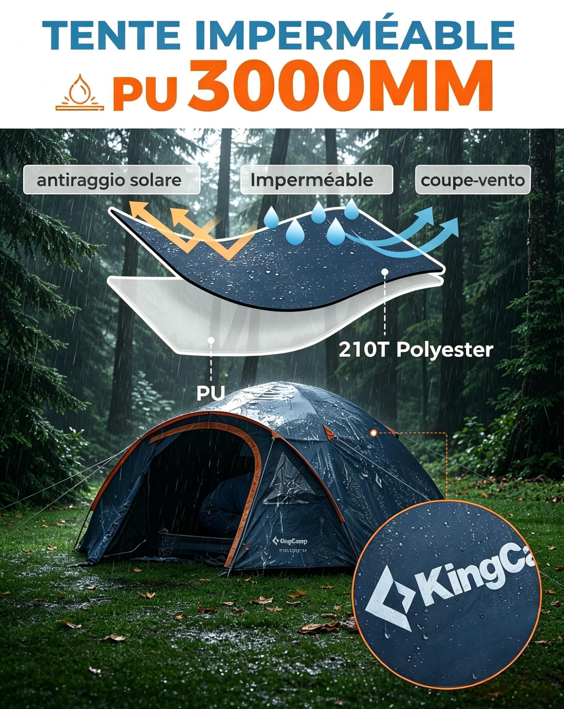 KingCamp Tente de Camping 3 à 4 Personnes avec Auvent, Imperméable 3000 mm | Tente Double Couche avec Fenêtres PVC,Port E, Vestibule de Rangement, Montage Rapide en 10 Min pour Festival, Week-end,Jardin