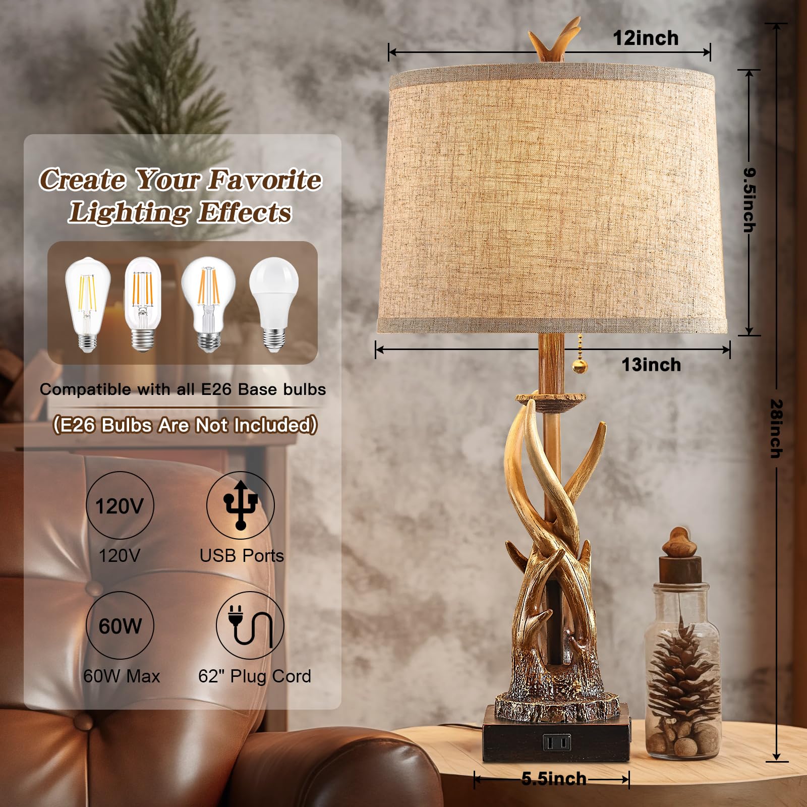 Set di 2 lampade da tavolo rustiche con corna di cervo, per camera da letto, casale, comodino, con porte USB A+C, per soggiorno, tavolo da caccia a tema, lampada da cabina con catena a tirante