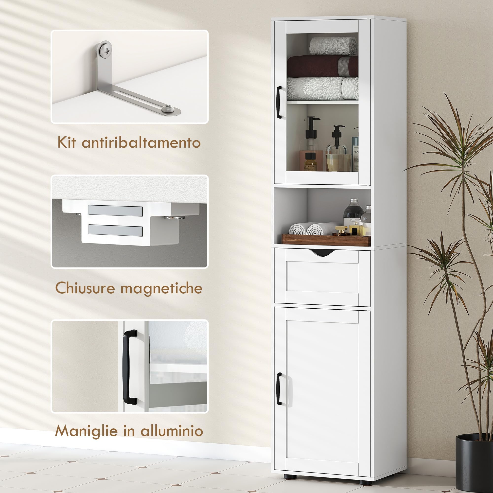 HOMCOM Mobile Bagno Alto Slim con Armadietti a Anta in Vetro, Mobiletto Bagno Salvaspazio con Ripiano Aperto, Cassetto, Ripiani Regolabili, Mobile Colonna Moderno, 40x30x165 cm, Bianco