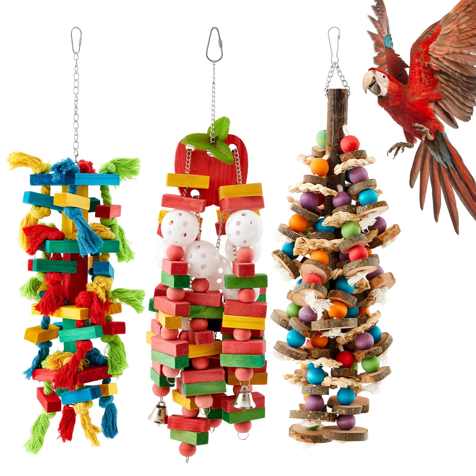 Seenelling 3 Pcs Extra Large Bird Parrot Toy Multicolored Natural Wooden Parrot Cage Chewing Toys for Large Medium Macaws Cockatoos African Grey Birds (Block and Ball)
