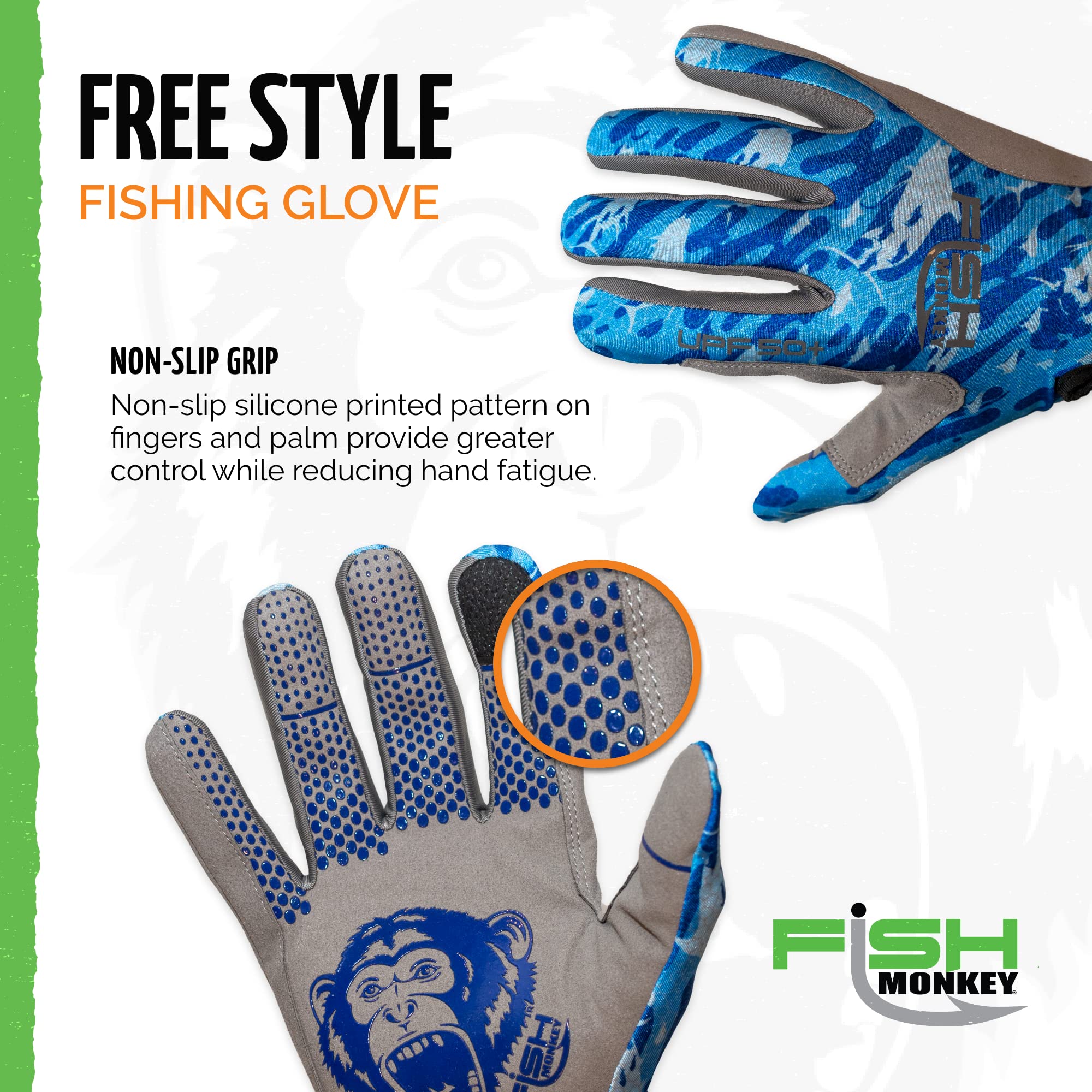 Fish Monkey UPF 50+ No Fray When Cut Fingers. Superior Non Slip Grip, Special Wiring Pads on The Thumb/Index Fingers and Side of The Gloves for Men and Women