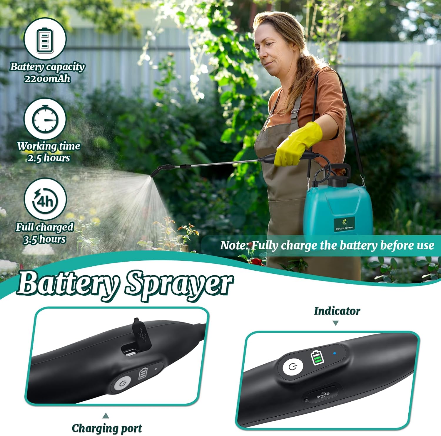 1.35 Gallon Battery Powered Sprayer, Electric Garden Sprayer with Rechargeable Handle, 3 Mist Nozzles, Retractable Wand, Water Pump Sprayer with Adjustable Shoulder Strap for Yard, Lawn and Garden - Image 4