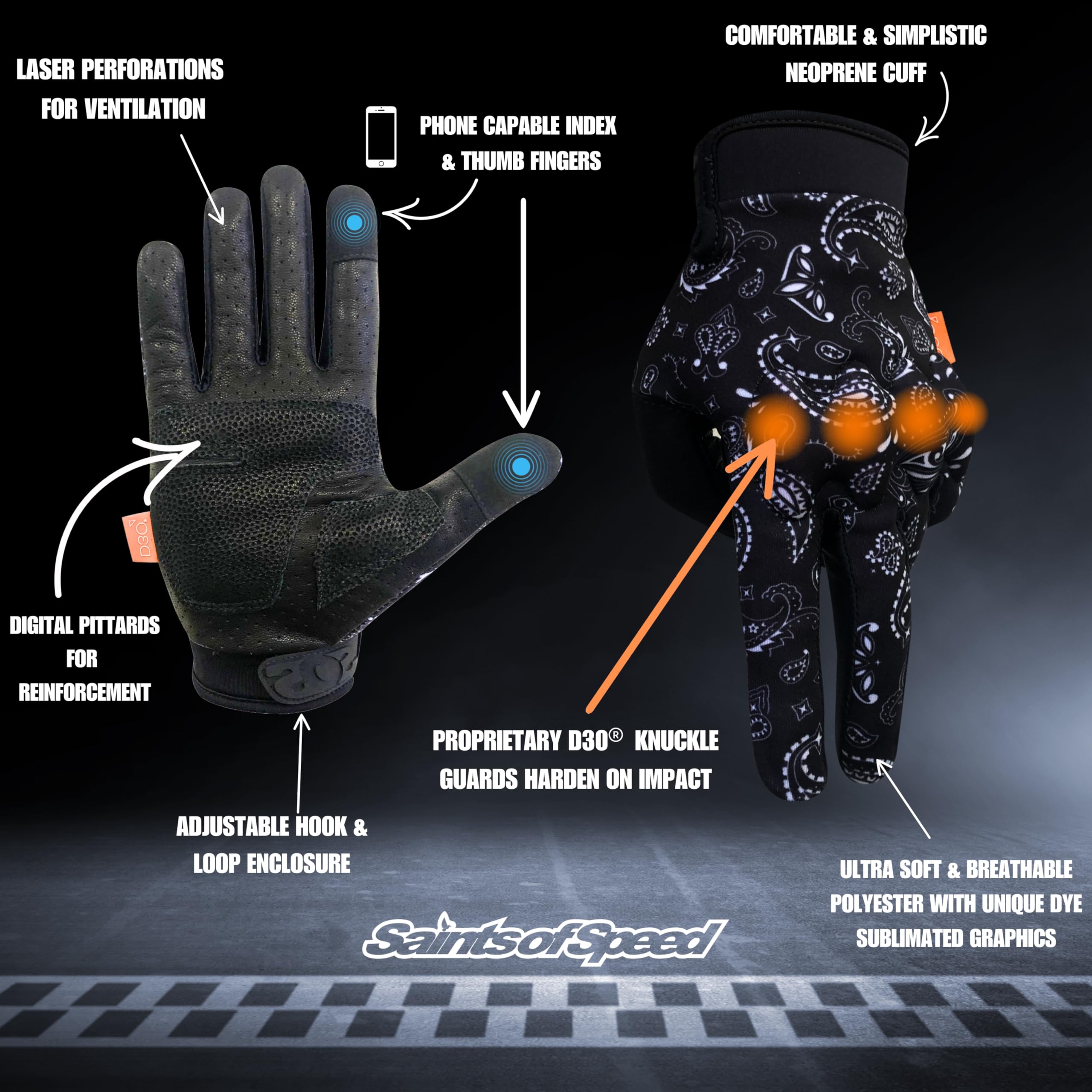 Saints of Speed Gants de moto avec protection des articulations, paumes en cuir + bout des doigts pour téléphone