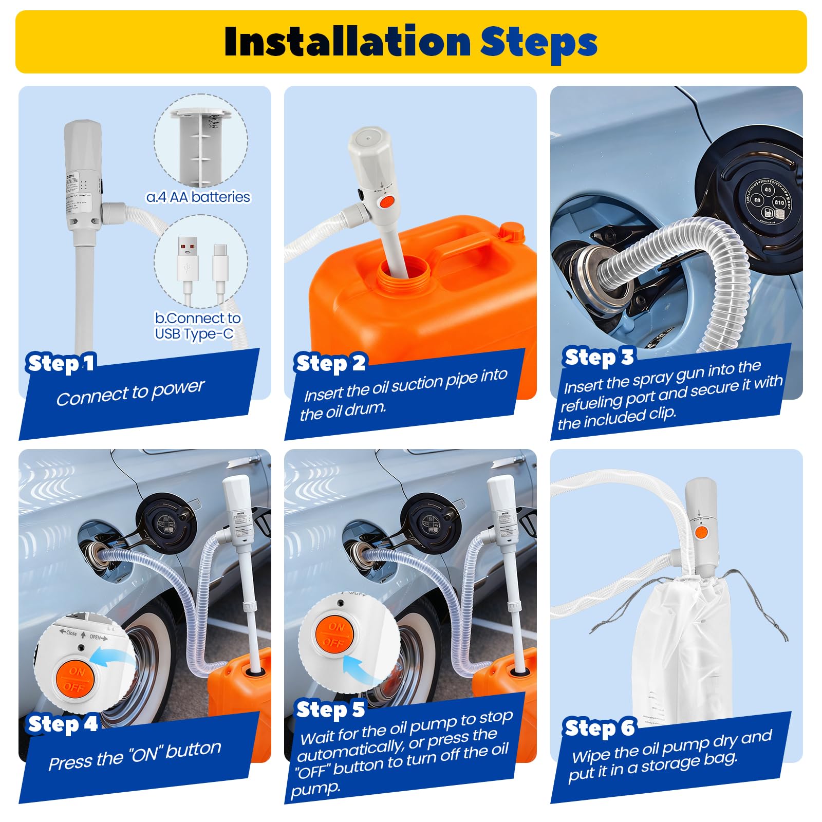 Pompe à carburant électrique avec double raccord (batterie + USB) – Pompe à essence 2,8 GPM 12 LPM, pompe diesel et pompe à huile pour bidons et fûts – Tuyau inclus (batterie + USB)