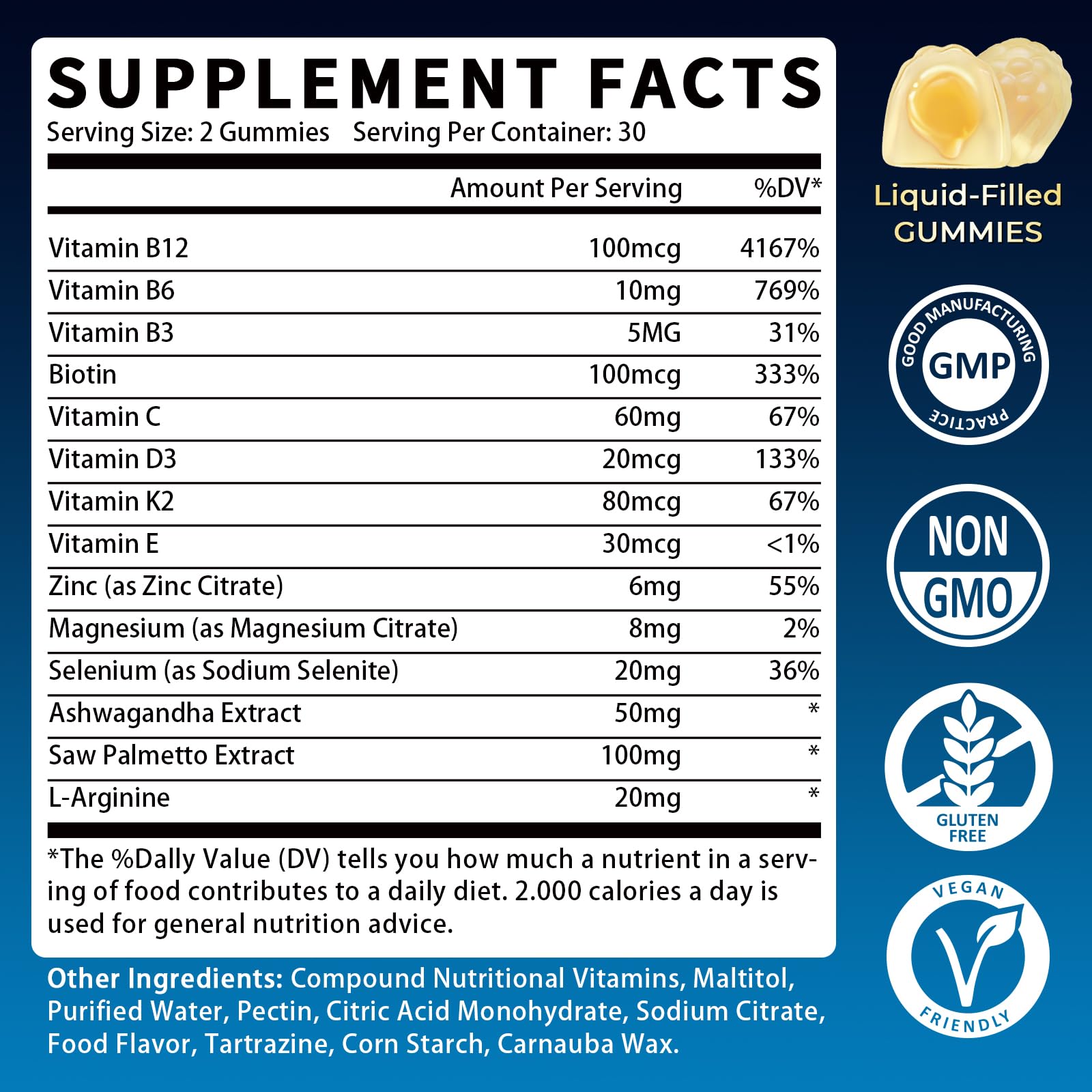 Mens Multivitamins Gummies, Ashwagandha, L-Arginine, Biotin, Zinc, Vitamins D3 C B3 B6 B12 E K2, Multivitamin for Men - Energy, Heart, Brain, Muscle, Immune, Vitality, Sugar Free, 120 Count-2 Pack — Amazon image 2