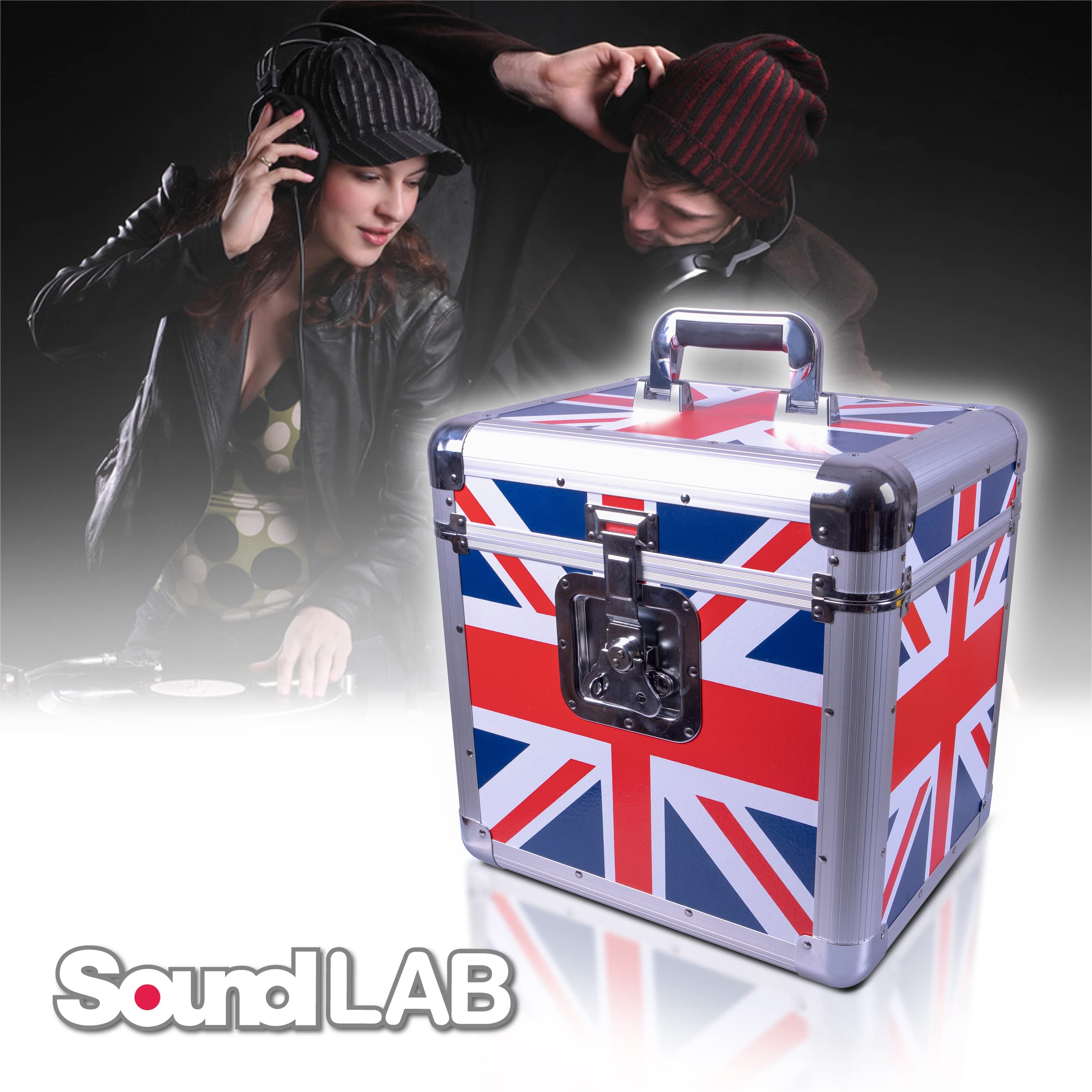 Euro Style Album Case tiene capacidad para 70 discos con bisagras de elevación y un cierre de mariposa, diseño de Union Jack