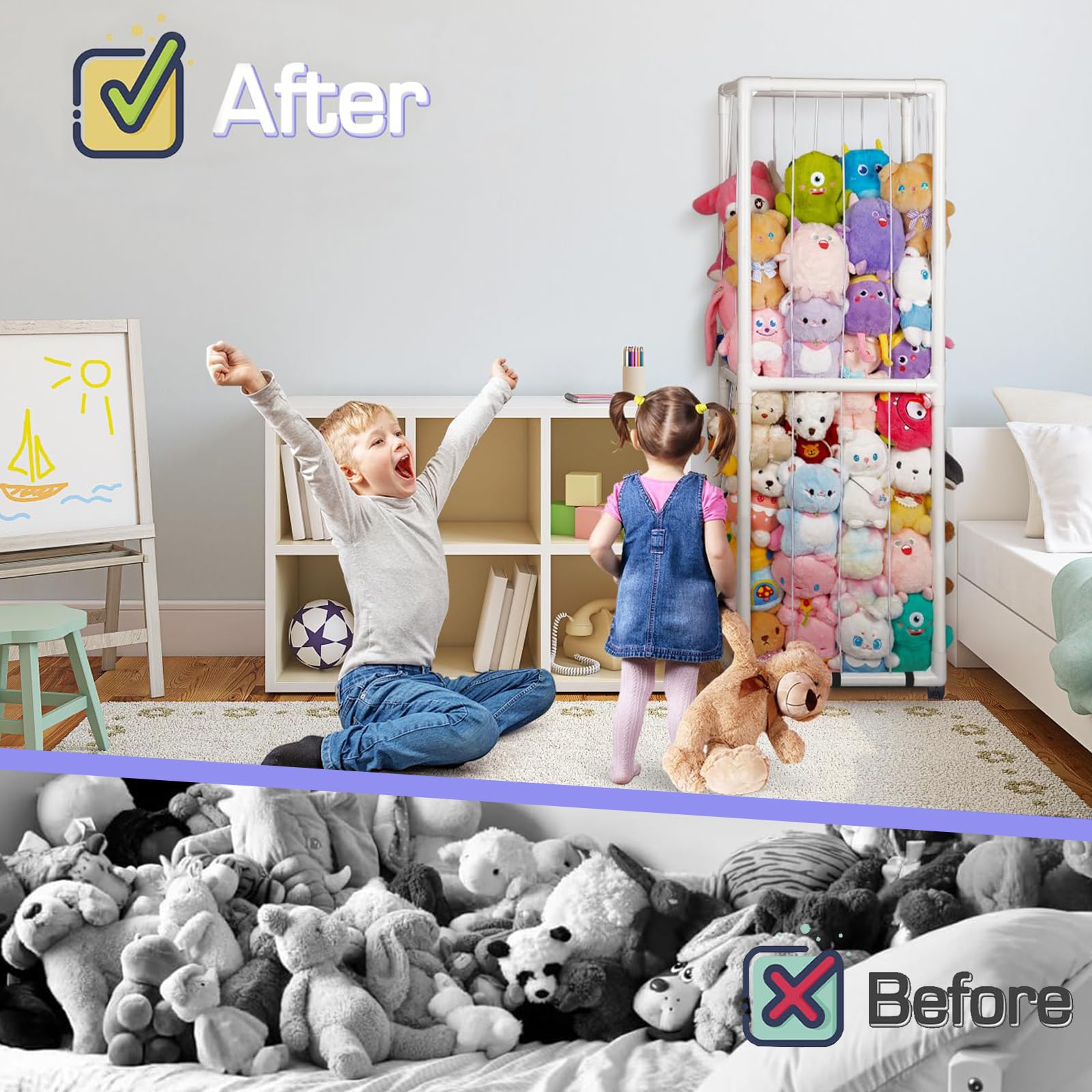 Stofftier Aufbewahrung Kuscheltier Aufbewahrung mit 360°Rollen Plüschtier Aufbewahrungs Stofftiere aus PVC Extra große Vertikale Platz Sparen für Organizer kinderzimmer Regal für plüschtiere
