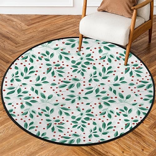 Christmas Winter Holly Leaves Berries (01) Round Area Rug 3ft Machine Washable Circular Rugs for Dining Room Table Bedroom Playroom Throw Rugs for