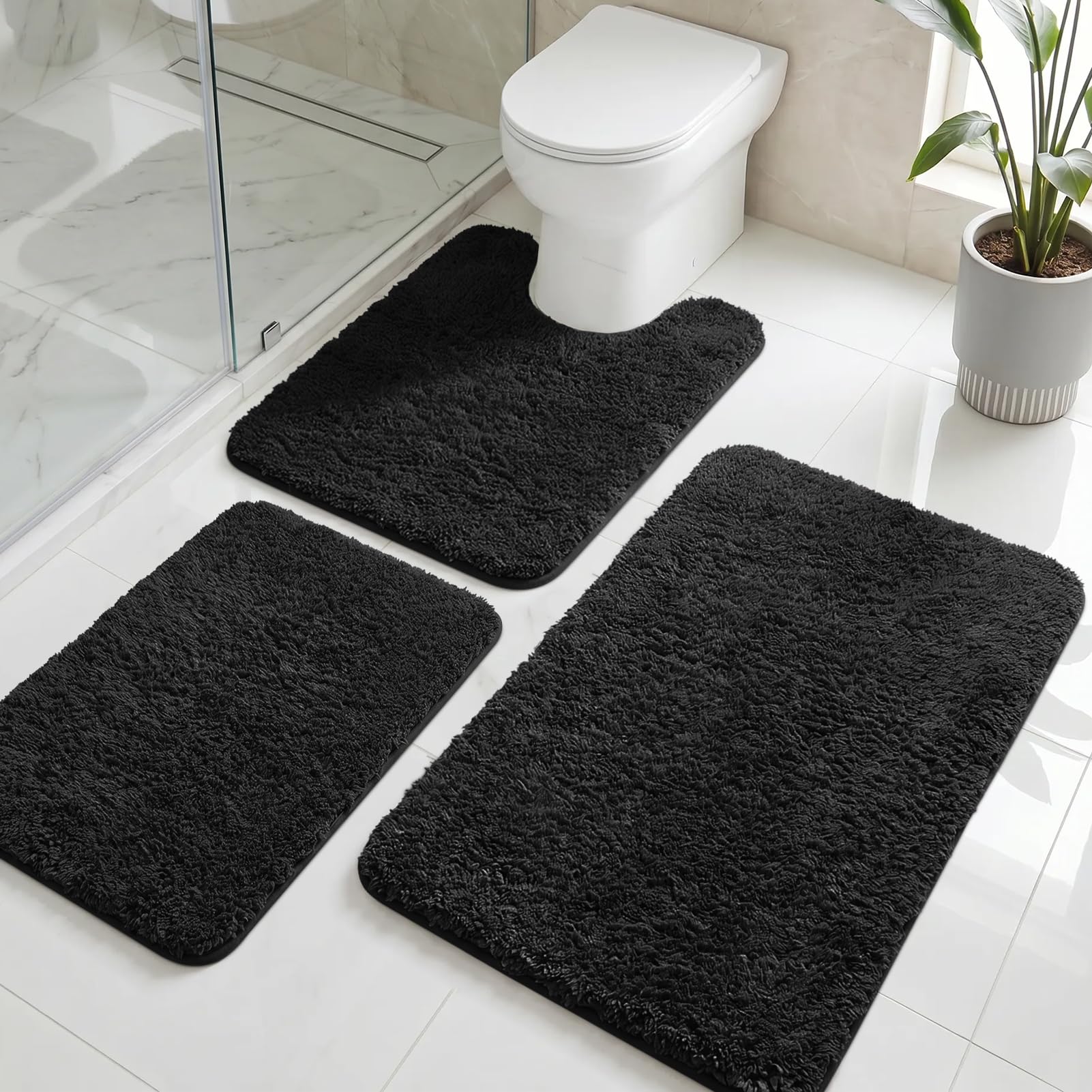 LUSCHEER Bathroom Mat Sets 3 Piece, Microfibre Shaggy Bath Rug Black